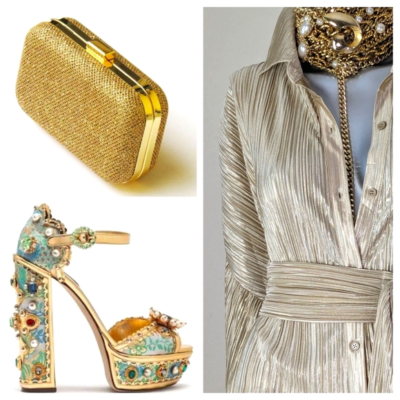 Golden Champagne Shimmery Accordion Pleated Belted Earth Girl "BOHO" Shirt Dress - Picture 2 of 12